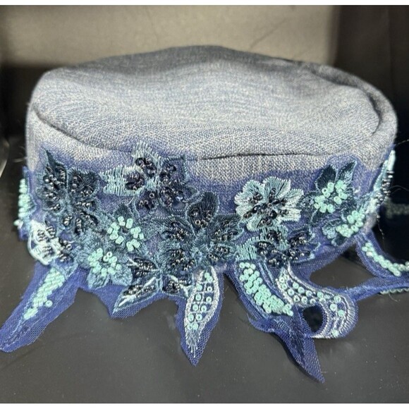 Damsel In This Dress Couture Pill Box Hat Denim Blue with Floral Embroidery NWOT